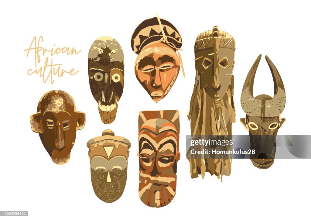 African Ritual And Performance Mask Collection Of African Wooden Ritual Masks Isolated On White Background ...
