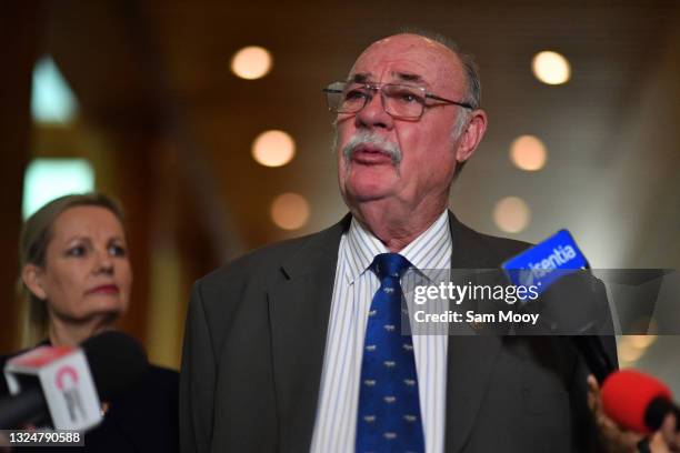 Environment Minister Sussan Ley and Great Barrier Reef Envoy Warren Entsch during a press conference in the Mural Hall at Parliament House on June...