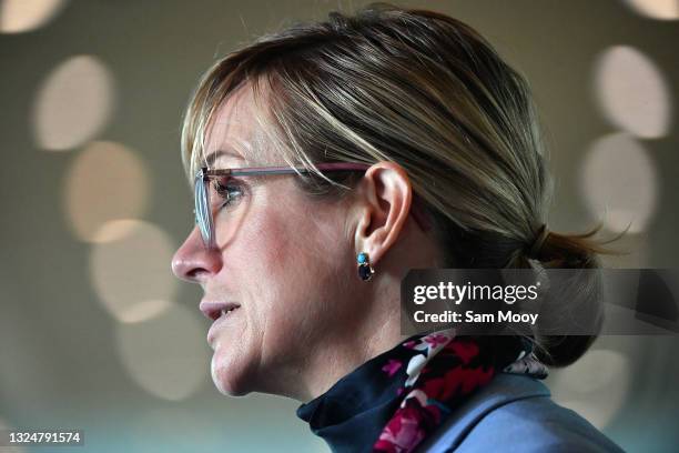 Member for Warringah Zali Steggall during a press conference in the Mural Hall at Parliament House on June 22, 2021 in Canberra, Australia. Barnaby...