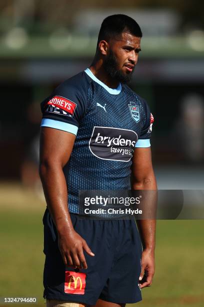 Payne Haas looks on during a New South Wales Blues State of Origin training session at Ned Byrne Field on June 22, 2021 in Gold Coast, Australia.