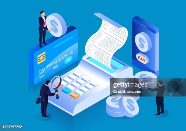 digital bills and online banking data query, digital bills for internet banking concept, online check payment - budget calculator stock illustrations