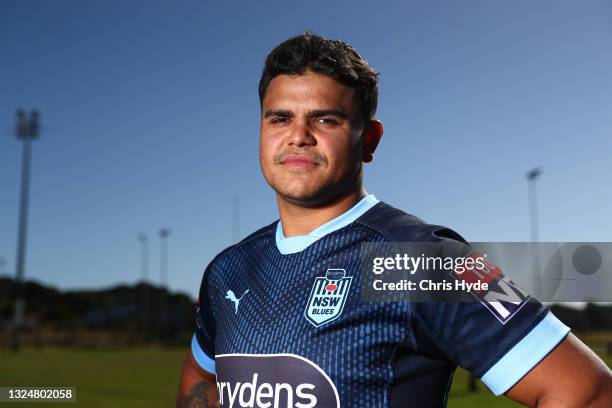 Latrell Mitchell poses during a New South Wales Blues State of Origin media session at Ned Byrne Field on June 22, 2021 in Gold Coast, Australia.