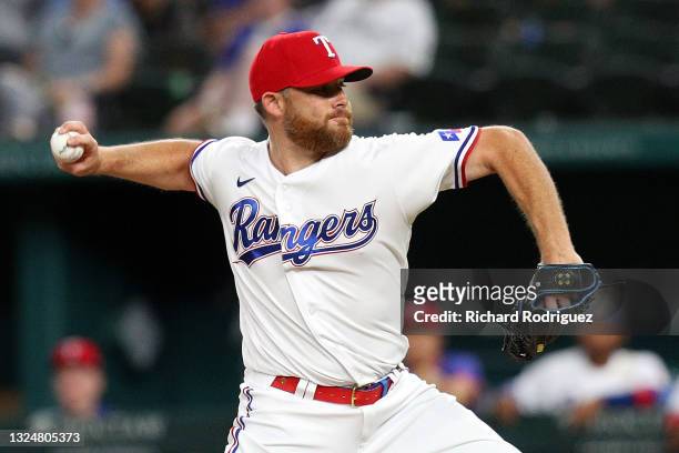 Ian Kennedy of the Texas Rangers pitches in the ninth inning against the Oakland Athletics at Globe Life Field on June 21, 2021 in Arlington, Texas.
