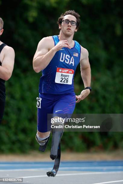 Nicholas Rogers of the United States competes in the Men's 400 Meter Dash T62 Ambulatory final during the 2021 U.S. Paralympic Trials at Breck High...