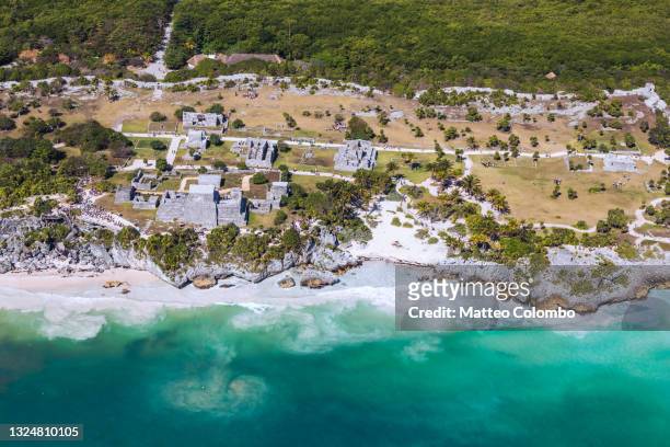 aerial view of the mayan ruins on the beach, tulum, mexico - tulum stock pictures, royalty-free photos & images