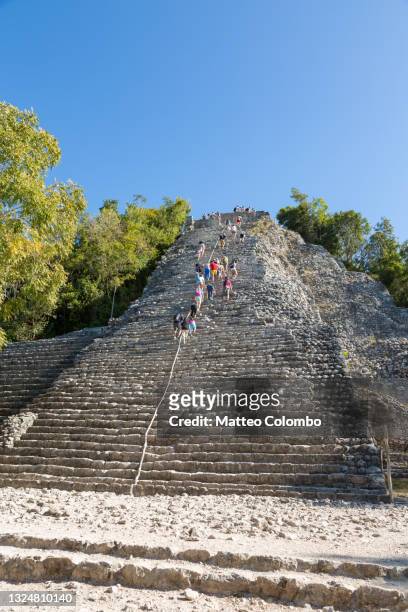 tourists climbing the ruins of coba, quintana roo, mexico - coba stock pictures, royalty-free photos & images