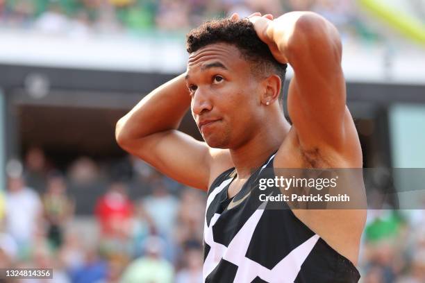 Donavan Brazier reacts after the Men's 800 Meters Final during day four of the 2020 U.S. Olympic Track & Field Team Trials at Hayward Field on June...