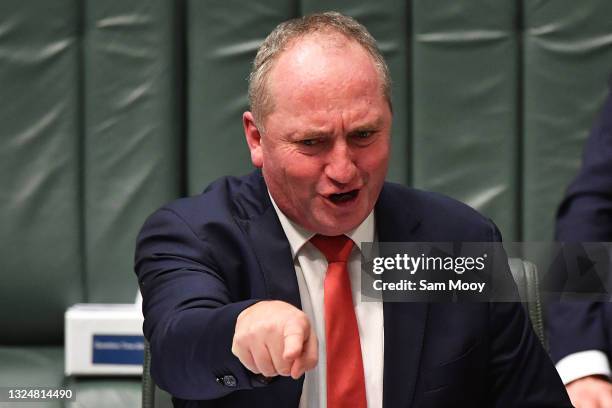 Deputy Prime Minister Barnaby Joyce reacts during Question Time in the House of Representatives at Parliament House on June 22, 2021 in Canberra,...