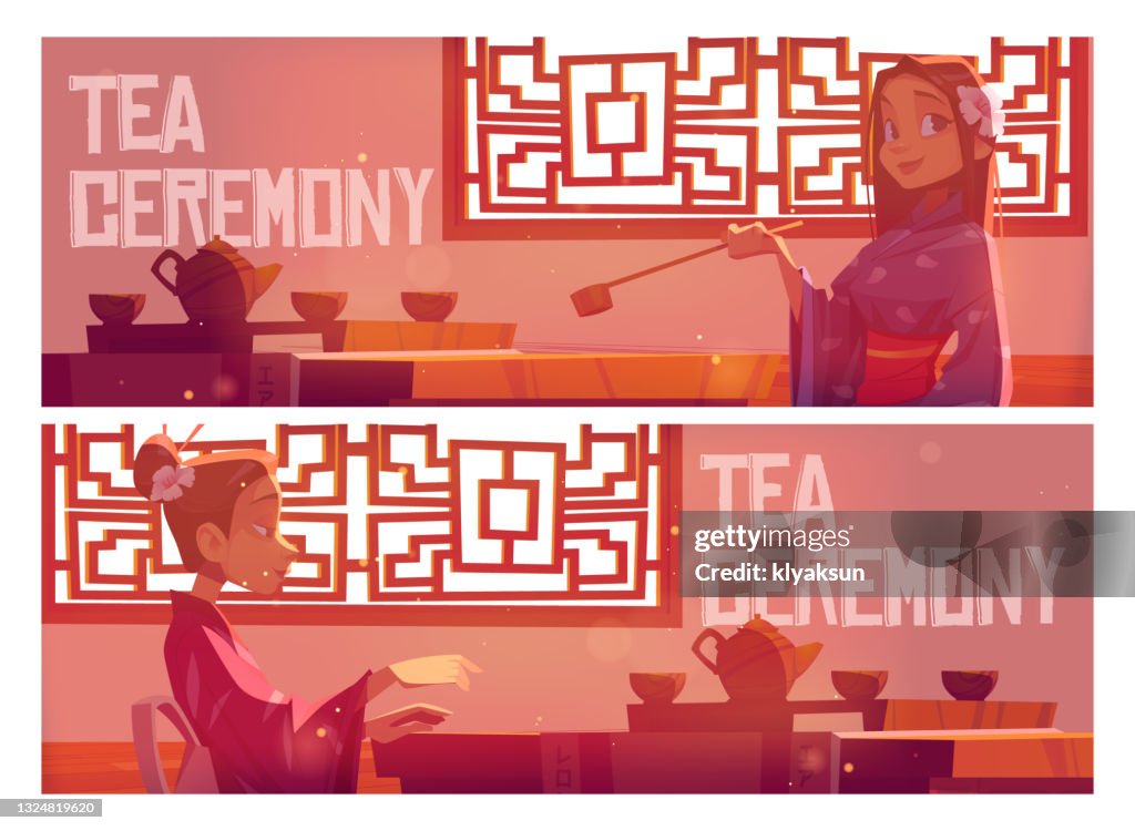 Tea Ritual Cartoon Tea Ceremony Cartoon Banner Asian Restaurant High-Res Vector Graphic ...