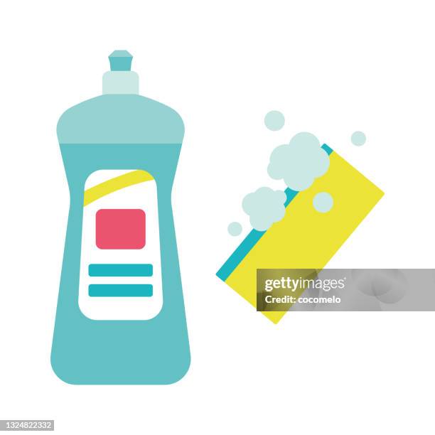 bildbanksillustrationer, clip art samt tecknat material och ikoner med dish washing liquid and sponge. - diskmedel