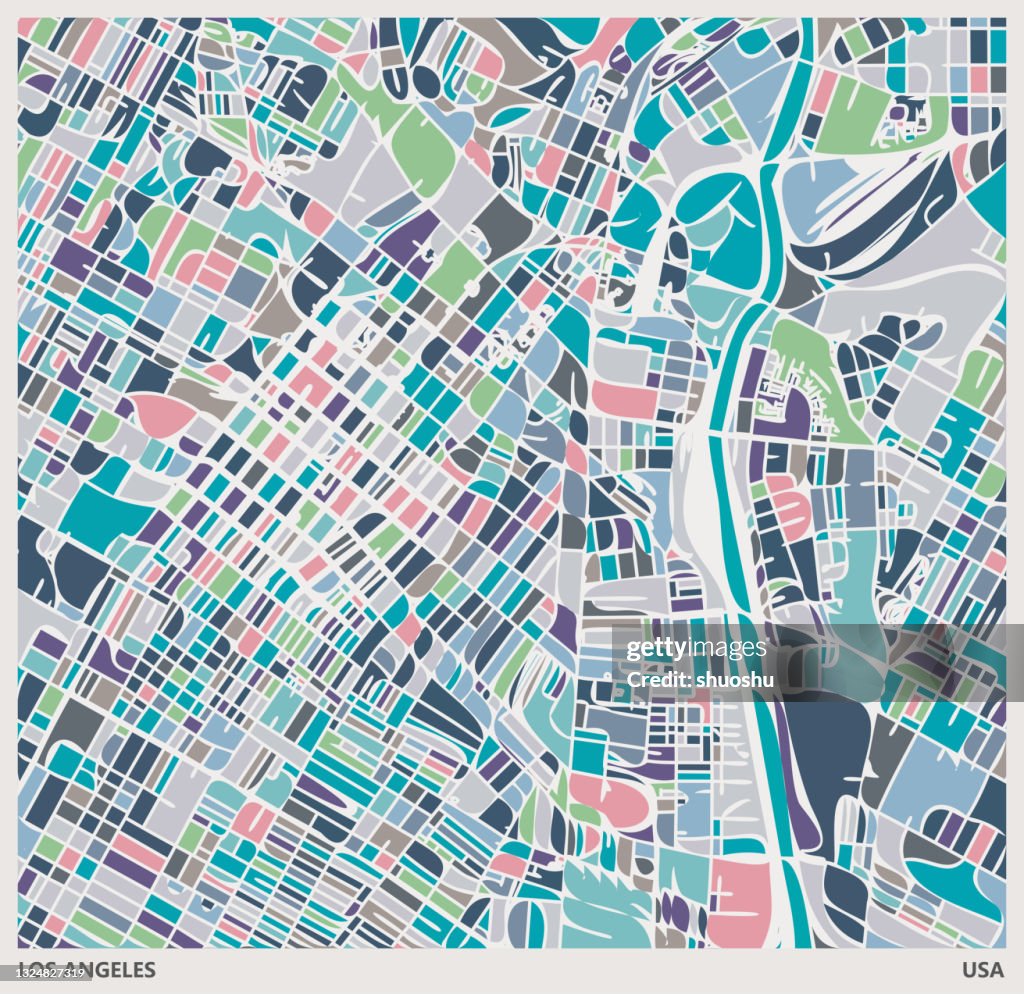 Colorful Illustration style city map,near Union Station,Los angeles city,USA
