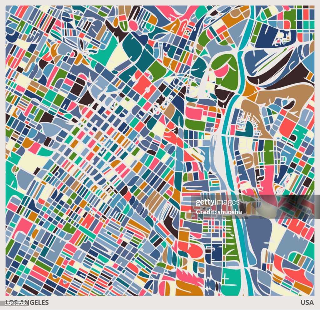 Colorful Illustration style city map,near Union Station,Los angeles city,USA