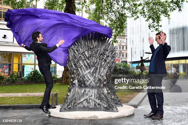 Personality Alex Zane and actor Isaac Hempstead Wright during the Game Of Thrones Iron Statue unveiling in Leicester Square on June 22, 2021 in...