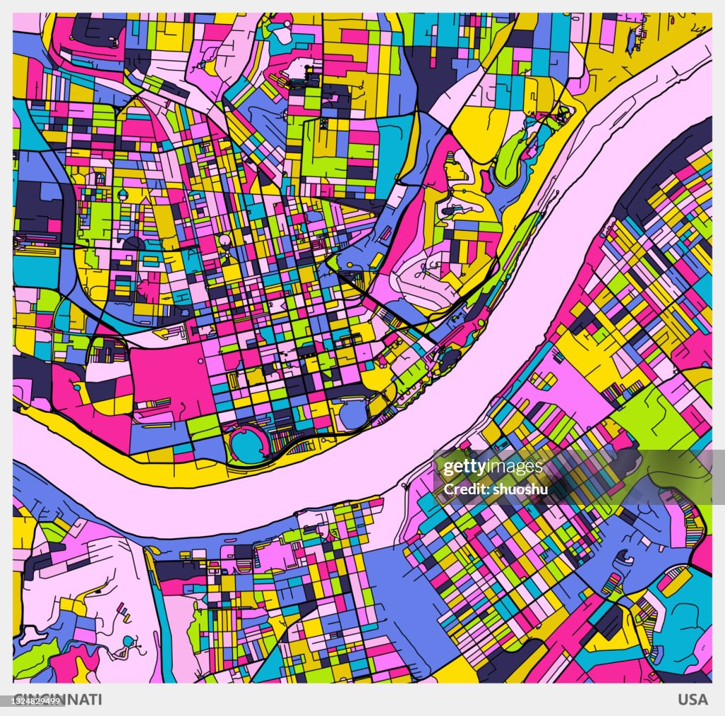 Colorful Illustration style city map,Cincinnati city,USA.map data Made with Natural Earth.