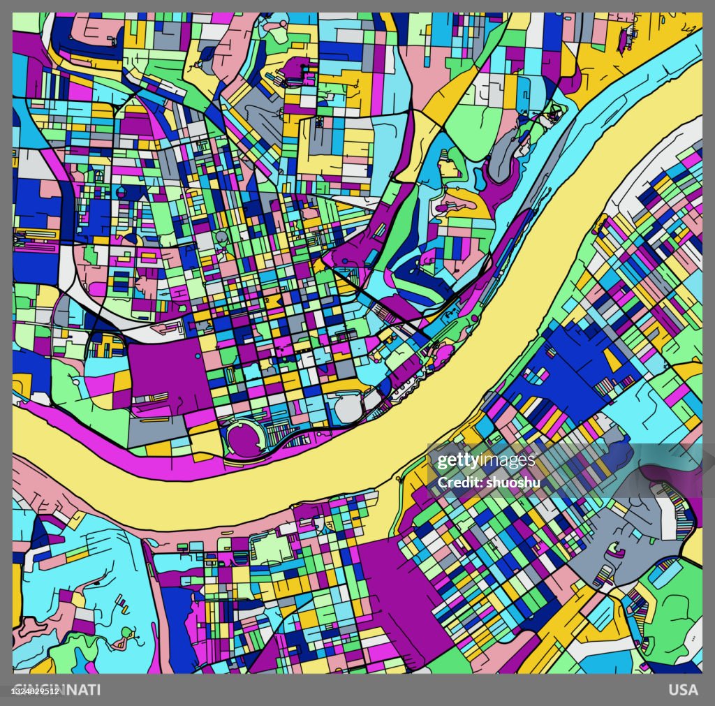 Colorful Illustration style city map,Cincinnati city,USA