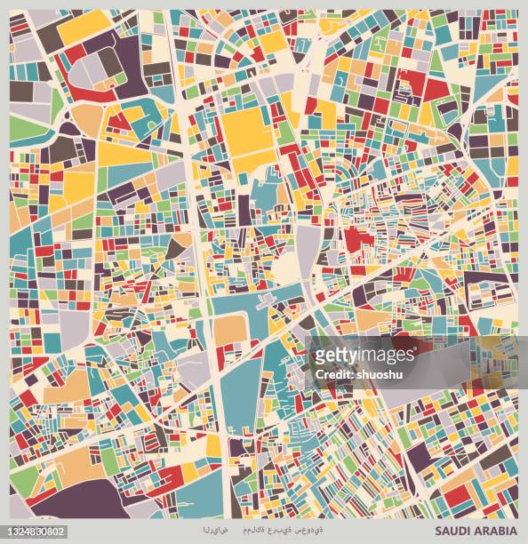bunte illustration stil stadtplan, riad stadt, saudi-arabien - saudi arabia city stock-grafiken, -clipart, -cartoons und -symbole