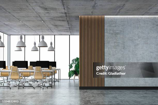 empty office interior with copy space and wordesks on concrete floor - empty press conference stock pictures, royalty-free photos & images