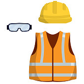 Clothing of worker and the Builder. Orange uniform, glasses and helmet.