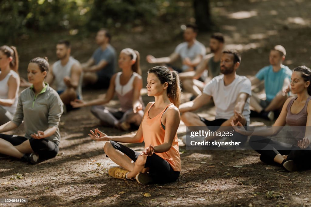 Große Gruppe von Athleten meditieren auf Yoga-Kurs in der Natur.
