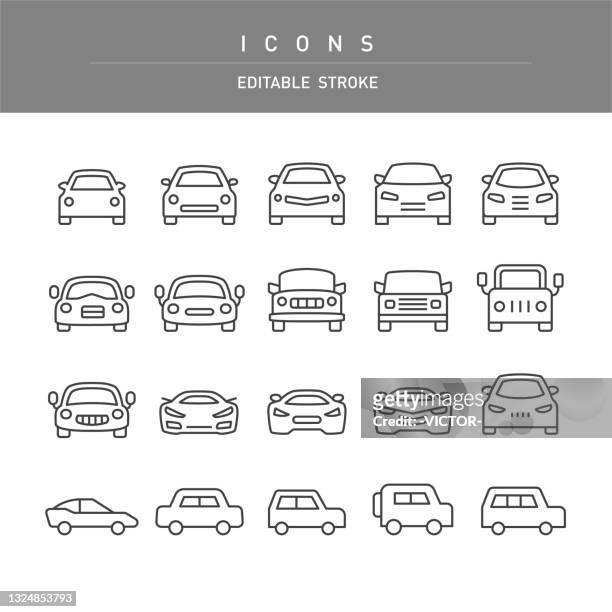 ilustraciones, imágenes clip art, dibujos animados e iconos de stock de iconos de coches - line series - vista frontal