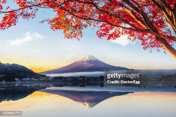 fuji mountain in autumn with red maple tree at kawaguchiko lake, yamanashi, japan - lake kawaguchi imagens e fotografias de stock