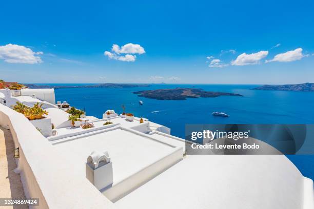 White Terraces And Mediterranean Sea View On Santorini Greece High