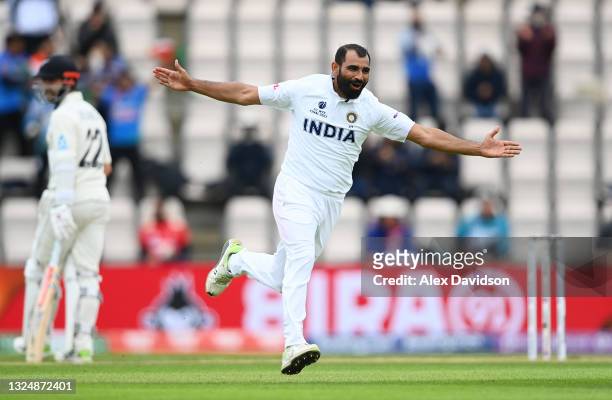 Mohammed Shami of India celebrates taking the wicket of BJ Watling of New Zealand during Day 5 of the ICC World Test Championship Final between India...