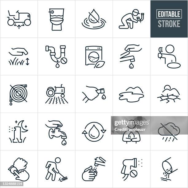 ilustrações de stock, clip art, desenhos animados e ícones de water conservation and drought thin line icons - editable stroke - sprinkler