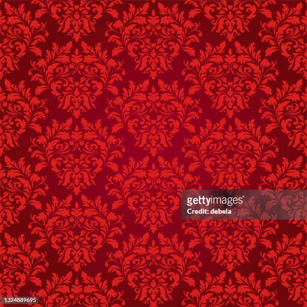 ilustraciones, imágenes clip art, dibujos animados e iconos de stock de patrón textil decorativo de lujo rojo brillante de damasco - tejido adamascado