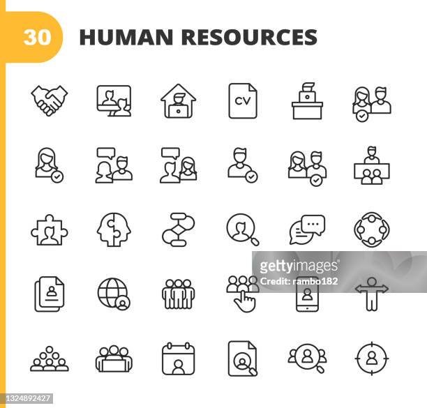stockillustraties, clipart, cartoons en iconen met human resources line icons. editable stroke. pixel perfect. for mobile and web. contains such icons as recruitment, occupation, job, employment, labor, meeting, teamwork, partnership, office, organisation, presentation, job interview, candidate, resume. - sollicitatiegesprek