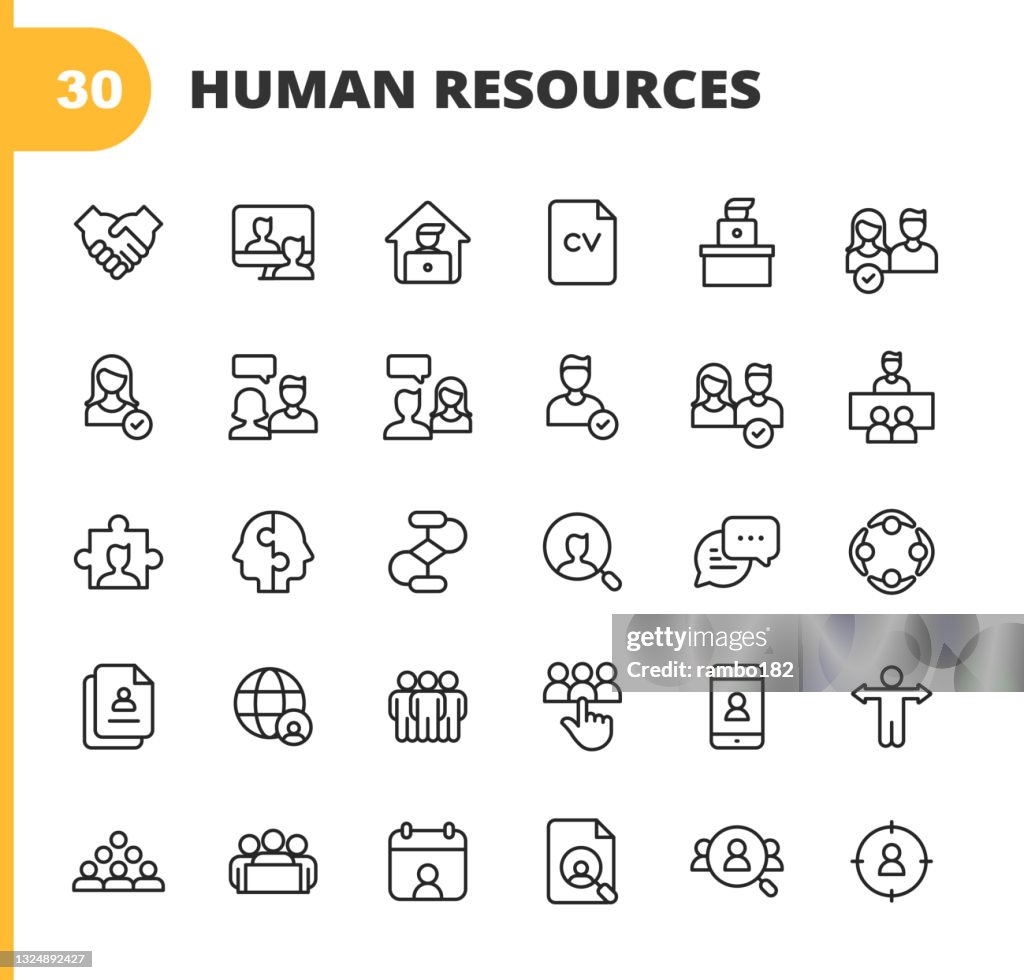 Human Resources Line Icons. Editable Stroke. Pixel Perfect. For Mobile and Web. Contains such icons as Recruitment, Occupation, Job, Employment, Labor, Meeting, Teamwork, Partnership, Office, Organisation, Presentation, Job Interview, Candidate, Resume.