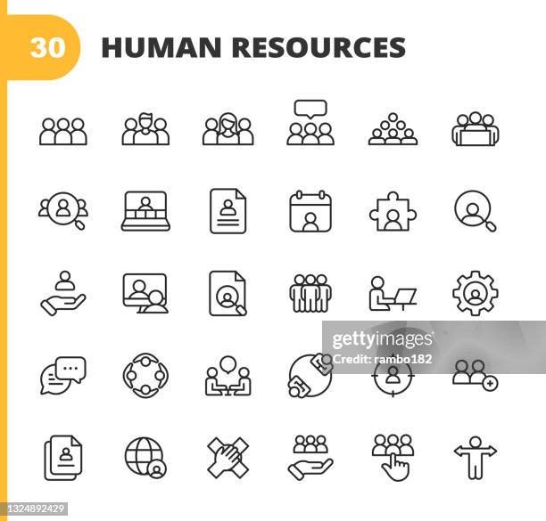 human resources line icons. editable stroke. pixel perfect. for mobile and web. contains such icons as recruitment, occupation, job, employment, labor, meeting, teamwork, partnership, office, organisation, presentation, job interview, candidate, resume. - cv stock illustrations