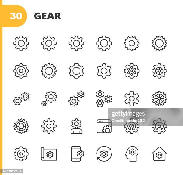 ausrüstung, einstellungen linie icons. bearbeitbarer strich. pixel perfekt. für mobile und web. enthält symbole wie getriebe, ausrüstung, motor, einstellungssymbol, engineering, industrie, maschinenteil, fortschritt, teamarbeit, technologie, management - element stock-grafiken, -clipart, -cartoons und -symbole