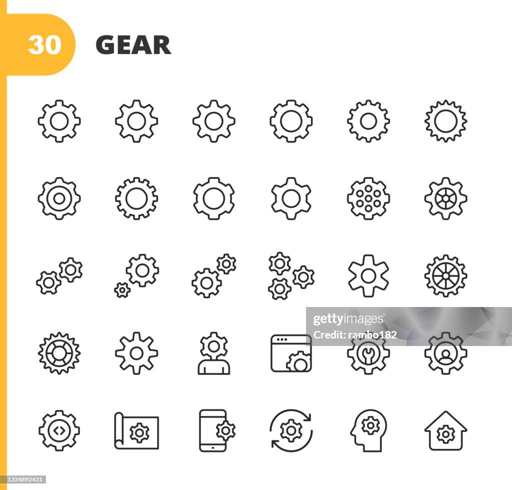 Gear, Settings Line Icons. Editable Stroke. Pixel Perfect. For Mobile and Web. Contains such icons as Gear, Equipment, Engine, Settings Icon, Engineering, Industry, Machine Part, Progress, Teamwork, Technology, Management, Repair, Tool, Construction.