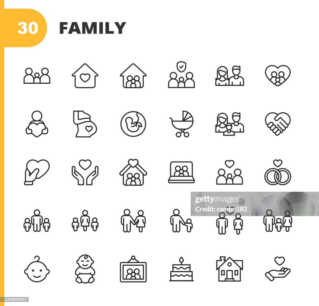 Family Line Icons. Editable Stroke. Pixel Perfect. For Mobile and Web. Contains such icons as Family, Parent, Father, Mother, Child, Home, Love, Care, Pregnancy, Handshake, Support, Togetherness, Community, Multi-Generation Family, Social Gathering.