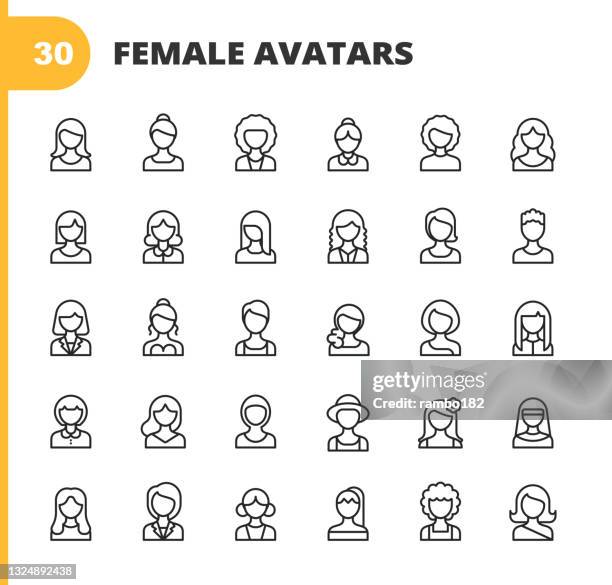 female profile avatar line icons. editable stroke. pixel perfect. for mobile and web. contains such icons as avatar, profile, user, occupation, woman, female, portrait, businesswoman, adult, human face, office, girl, feminist. - nun isolated stock illustrations