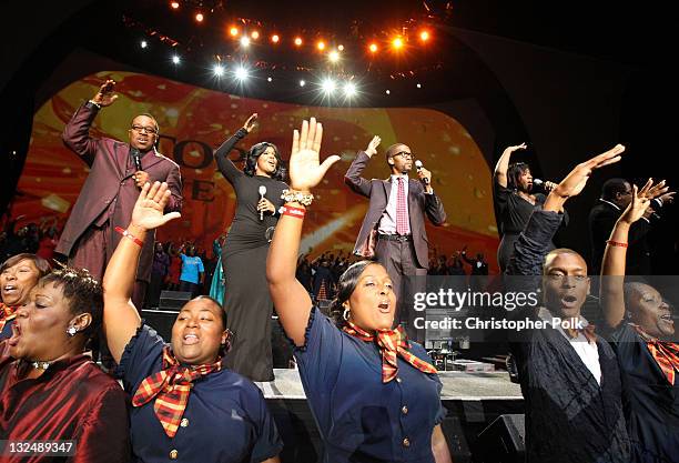 Singers Marvin Sapp, CeCe Winans, Donald Lawrence and Kelly Price perform onstage at Verizon's How Sweet The Sound 2010 at Staples Center on October...