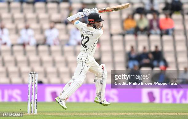 Kane Williamson of New Zealand hits out during Day 5 of the ICC World Test Championship Final between India and New Zealand at The Hampshire Bowl on...
