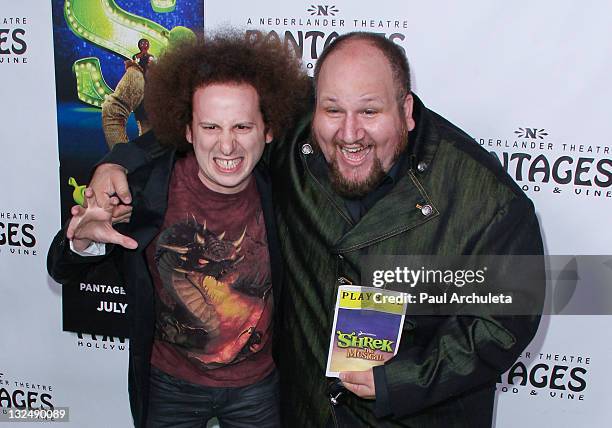 Actors Josh Sussman and Stephen Kramer Glickman arrive at ""Shrek The Musical"" opening night at the Pantages Theatre on July 13, 2011 in Hollywood,...