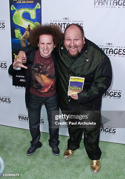 Actors Josh Sussman and Stephen Kramer Glickman arrive at ""Shrek The Musical"" opening night at the Pantages Theatre on July 13, 2011 in Hollywood,...