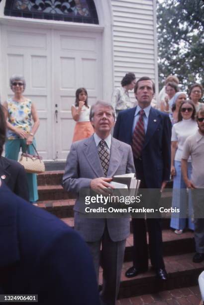 Jimmy Carter leaving services at Carter"u2019s Plains Baptist church, in his hometown of Plains, Georgia, during his campaign for...