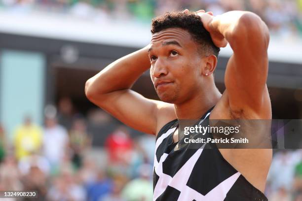 Donavan Brazier reacts after the Men's 800 Meters Final during day four of the 2020 U.S. Olympic Track & Field Team Trials at Hayward Field on June...