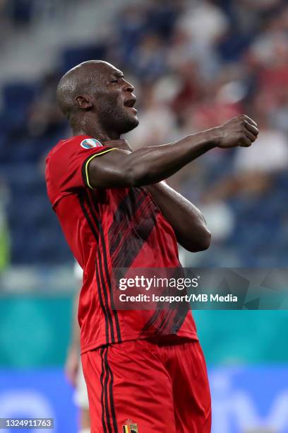 Romelu Lukaku of Belgium celebrates after scoring the 0-2 goal during the UEFA Euro 2020 Championship Group B match between Finland and Belgium at...