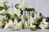 Jasmine essential oil in a glass dropper on a background of jasmine flowers.