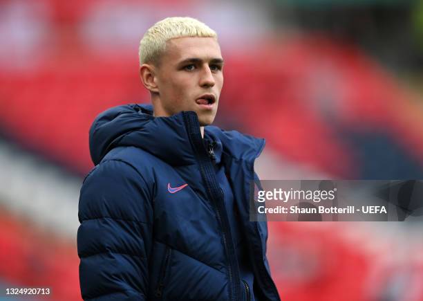 Phil Foden of England looks on prior to the UEFA Euro 2020 Championship Group D match between Czech Republic and England at Wembley Stadium on June...