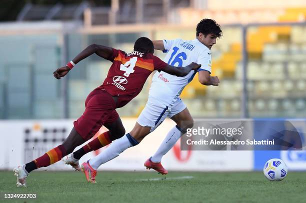 Maissa Codou Ndiaye of AS Roma U19 competes for the ball with Andrea Oliveri of Atalanta U19 during the Primavera 1 TIM Playoffs match between AS...