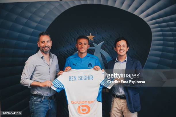 New Olympique de Marseille signing Salim Ben Seghir with Olympique de Marseille President Pablo Longoria at Centre Robert-Louis Dreyfus on June 22,...