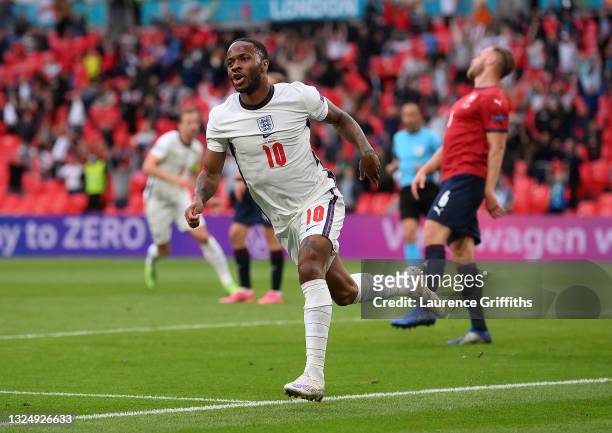 Raheem Sterling of England celebrates after scoring their team's first goal during the UEFA Euro 2020 Championship Group D match between Czech...