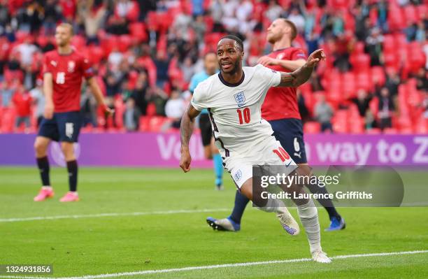 Raheem Sterling of England celebrates after scoring their team's first goal during the UEFA Euro 2020 Championship Group D match between Czech...