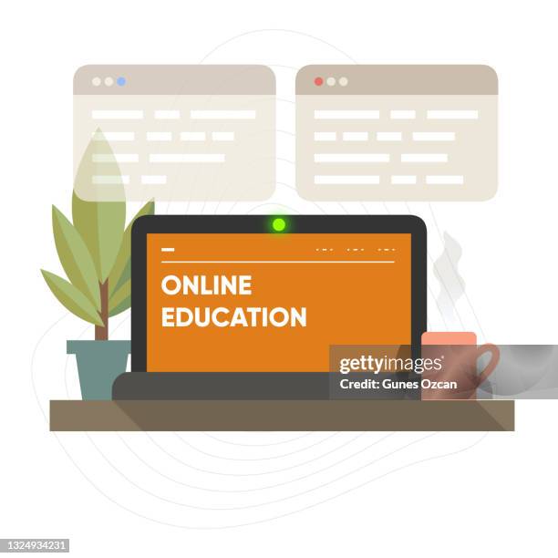 online education - illustration des laptop-computerbildschirms - englisch unterricht stock-grafiken, -clipart, -cartoons und -symbole